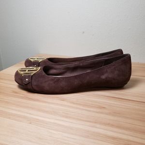 Tommy Hilfiger Women's Size 9 Brown Suede Leather Ballet Flats Gold Logo Toe Cap